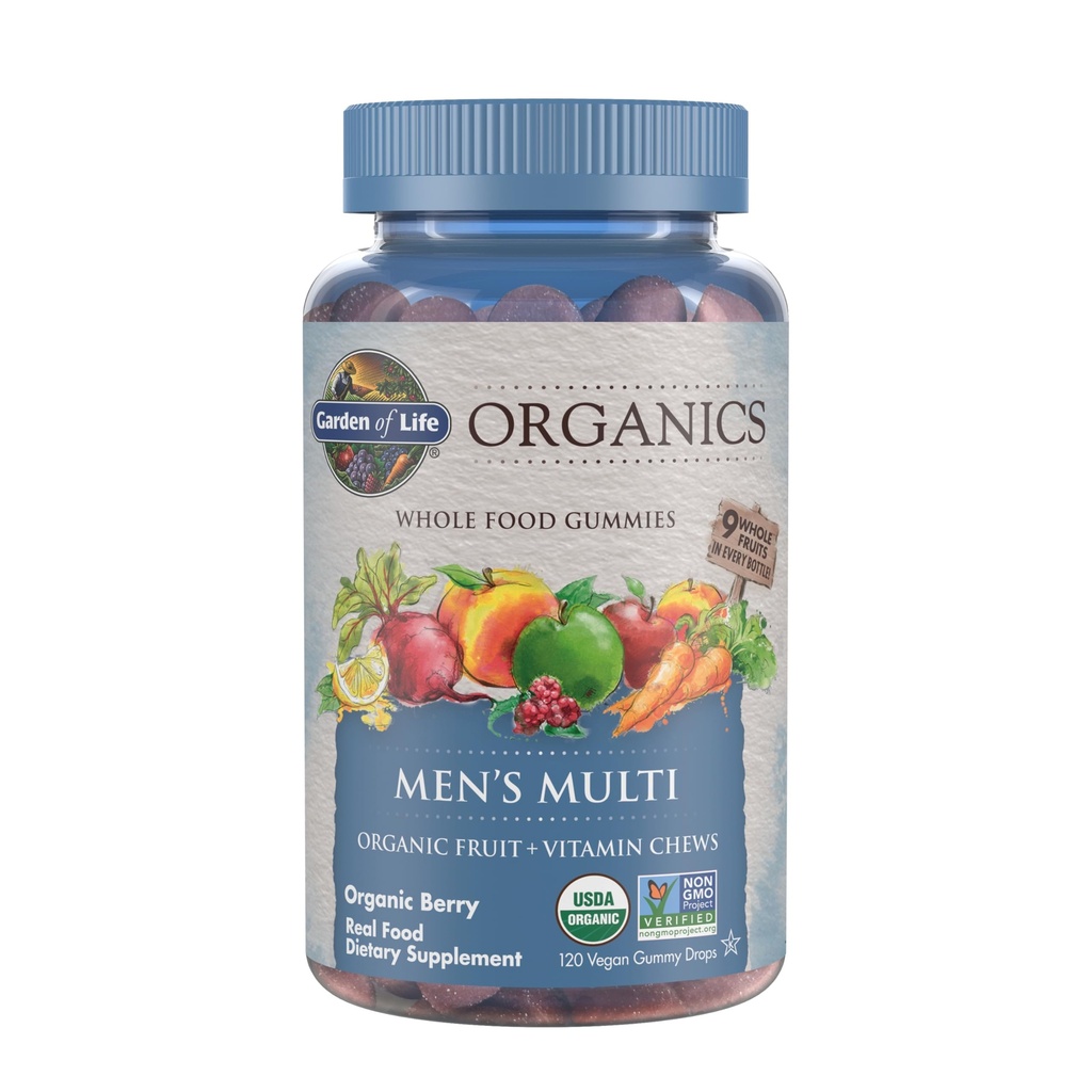 Life Organics Men's Gummy Vitamins - Berry - sertifikalı Organik, Non-GMO, Vegan, Kosher Complete Multi - Me12, C & D3 - Gluten, Soy & Dairy Free, 120 Real Fruit Chew Gummies