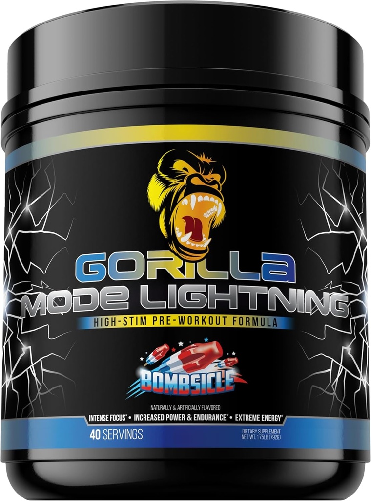 Gorilla Mode Lightning Pre-Wortout - Extreme Energy · Laser Focus · Ισχυρές Αντλίες · Μέγιστη απόδοση - 550mg καφεΐνη, 13500mg L-Τυροσίνη, Alpha-GPC– 792g (Bombsicle)