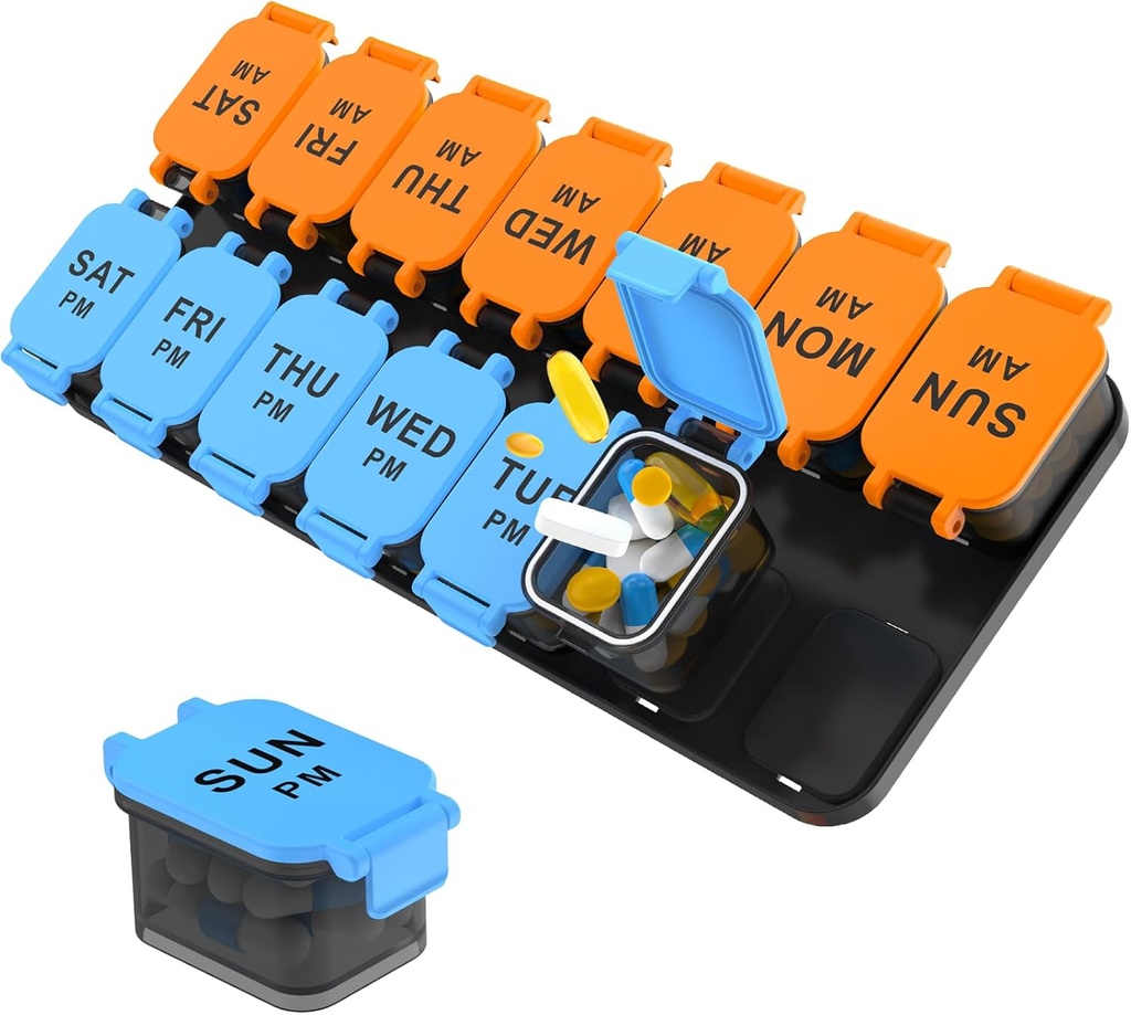 Büyük 7 Gün Pill Organizer, XL AM PM Once a Day Medicine Storage Box, Big 2 Week Pill Holder for Pills, Vitamins & Supplements, Travel Pill Case for Drug (Mavi+Orange)