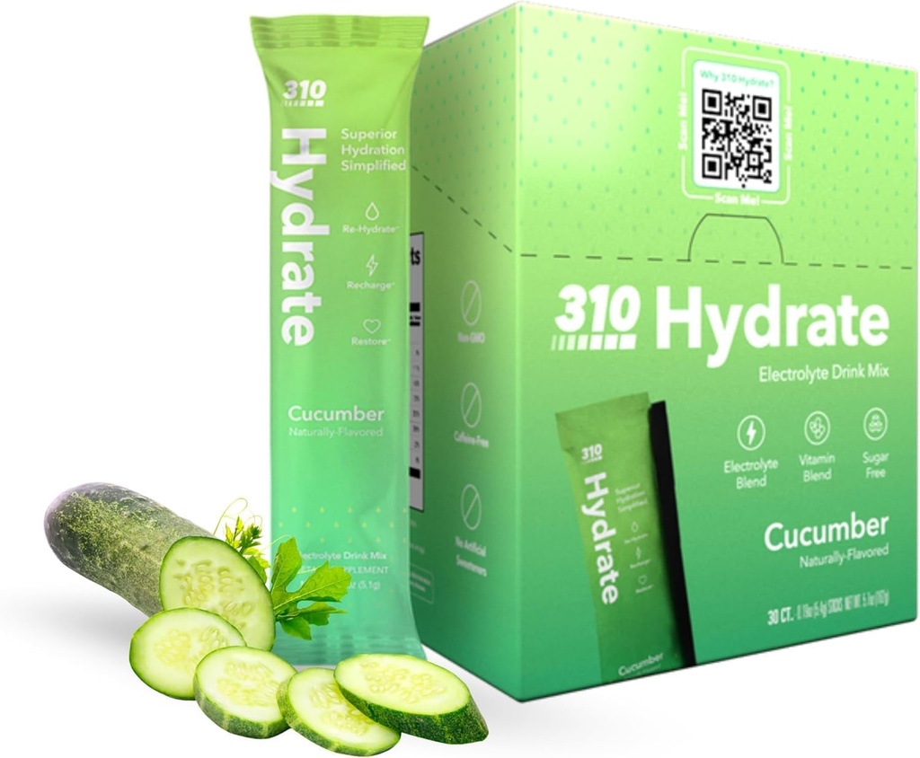 310 Beslenme Şekeri Ücretsiz Elektrolytes Toz - Günlük Akışkanlar Dengesi için Anında Paketler - Caffeine-Free Rehidro Mix w / Vitaminler, Low Calorie & Keto Friendly - Cucumber 30 Singles