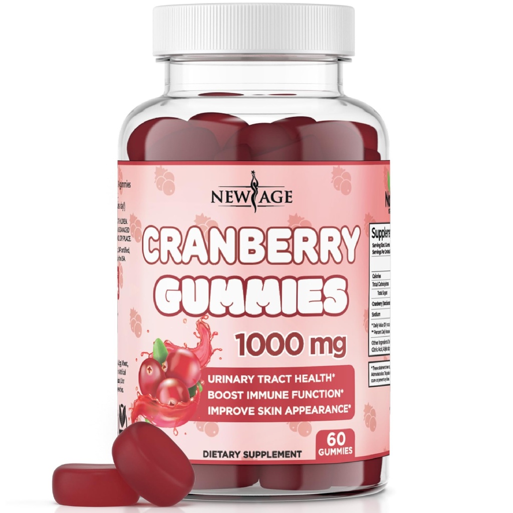 NEW AGE Cranberry Gummies Urinary Tract Health Gummies 1000 mg - Supports Bladder, Kidney, UTI - Vegetarian (Cranberry 60 Gummies)