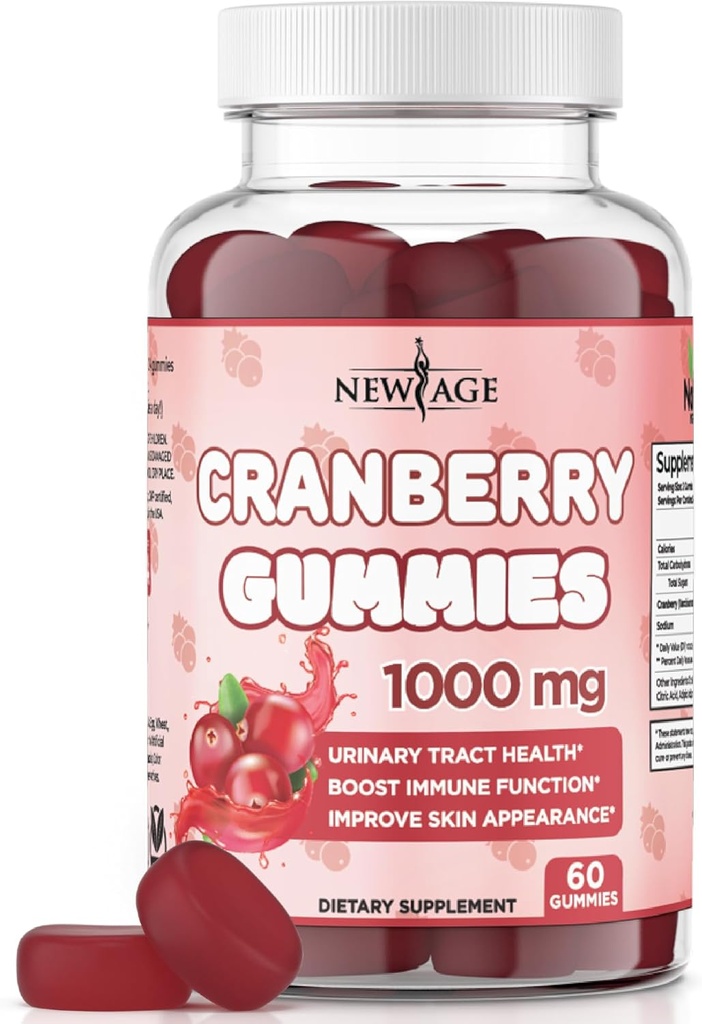 NEW AGE Cranberry Gummies Urinary Tract Health Gummies 1000 mg - Supports Bladder, Kidney, UTI - Vegetarian (Cranberry 60 Gummies)
