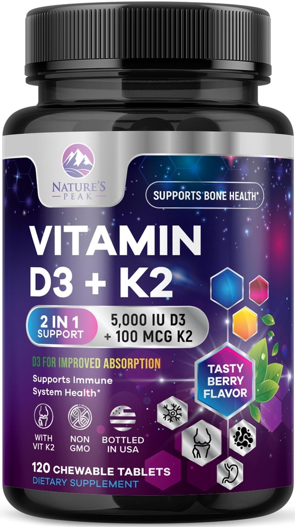 D3 K2 - 5000 iu Vitamin D3 & 100 mcg Vitamin K2 (MK-7) Immune Desteği için Kompleks - Bone, Teeth & Muscle Health Support - Berry Chewable, Gluten Free, Non-GMO, Şişed in USA - 120 Tablet