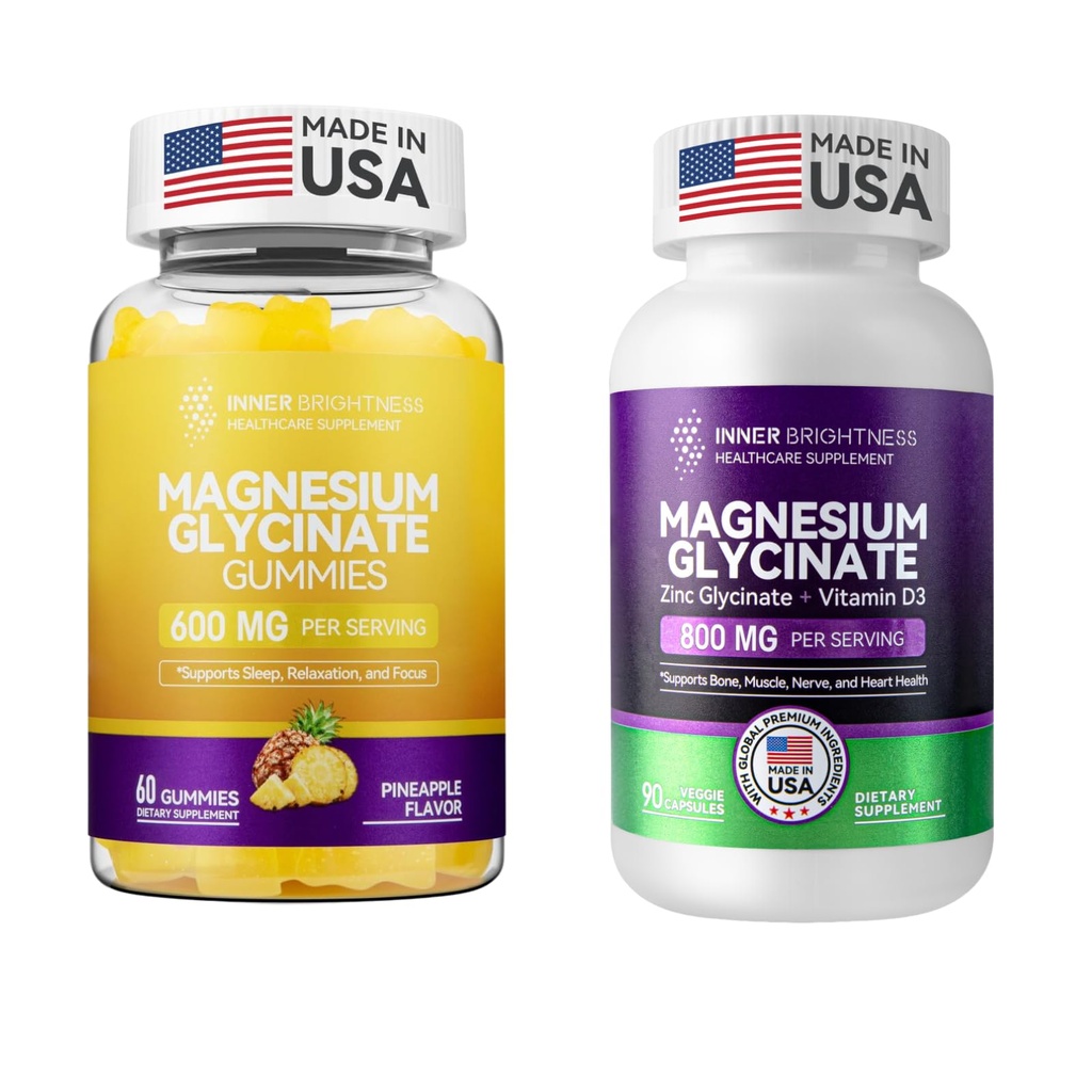 Magnesium Glycinate｜Gummies for Adults, Sleep, Relaxation & Focus, Pineapple Flavor & Capsules with Zinc & Vitamin D3 for Sleep Support
