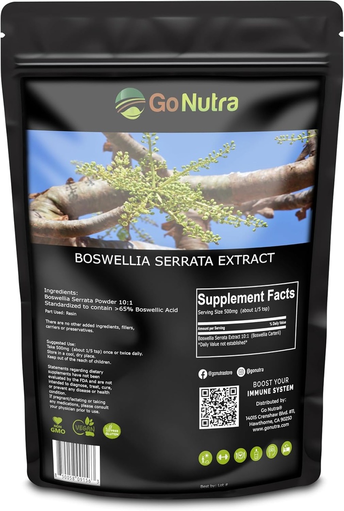 Go Nutra Boswellia Serrata Extract Toz 10:1 Güçlü 65 Boswellic Acid Frankincense Supplement Ortak Destek - 8 oz.