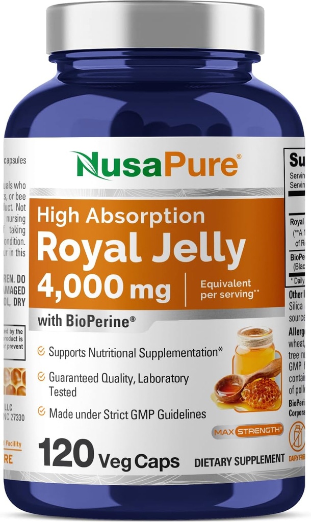 NusaPure Royal Jelly 10:1 Ekstraksiyon, 400 mg 4000 mg Eşdeğer - 120 Veggie Capsules (Non-GMO, Gluten Free, Bioperine)