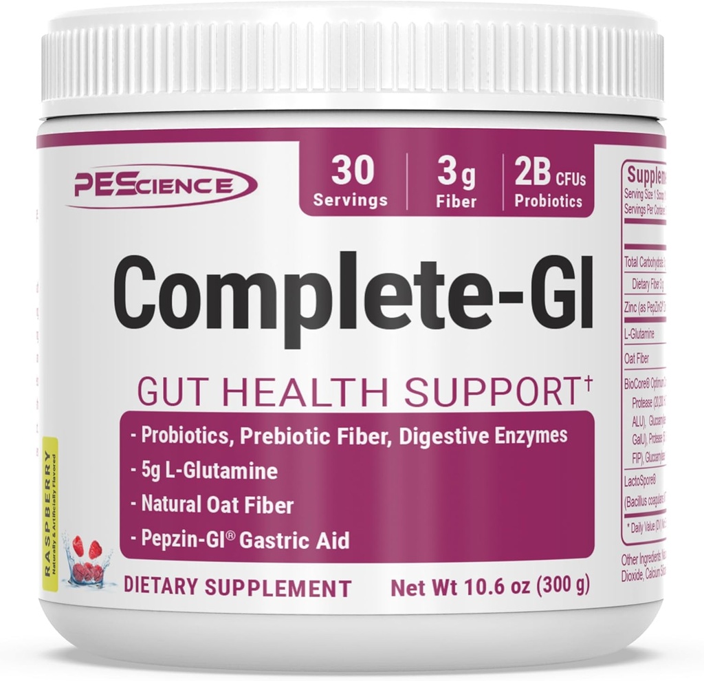 PEScience Complete-GI Gut Health Powder, Probiotics for Women and Men, Digestive Enzymes, Prebiotic Fiber, L Γλουταμίνη, Pezzin GI Ψευδάργυρος Carnosine, Raspberry Flavor, 30 Υπηρεσίες