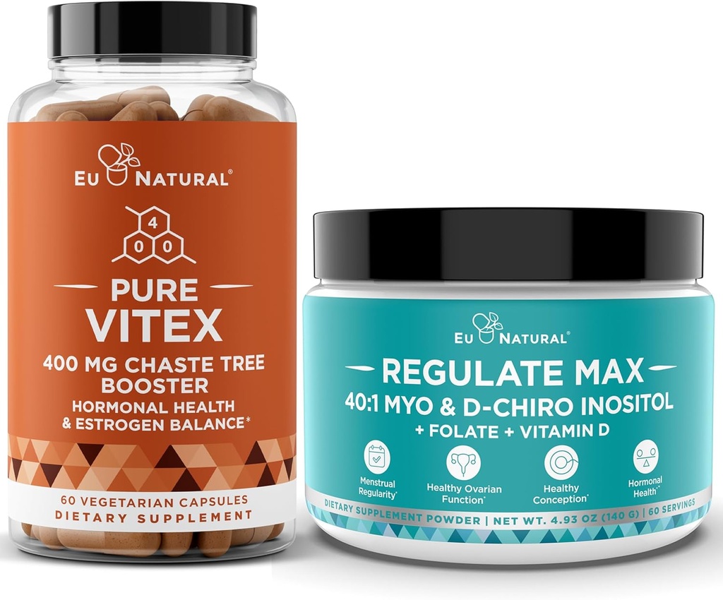 Vitex Chasteberry Capsules & Regulate Max Myo-Inositol D-Chiro Inositol Toz - Doğal PMS & Ferttitude Support, Balance Hormonlar, Regulate Çevrimi - 60 Vegan Soft Capules + 60