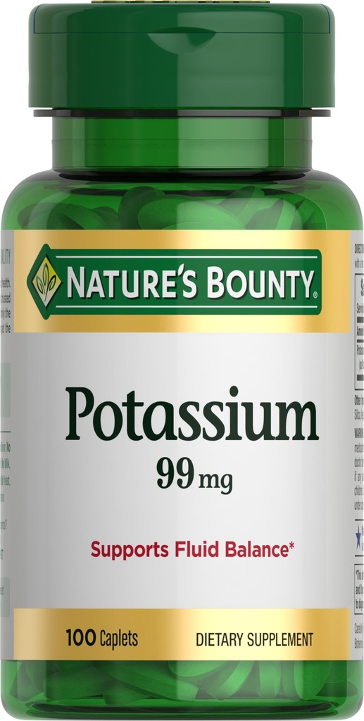 Nature's Bounty Potassium 99mg, Supports Fluid Balance and Muscle Activity, Involved in Normal Heart Function, Potassium Gluconate Dietary Supplement, Gluten Free, 1 Per Day, 100 Vegetarian Caplets
