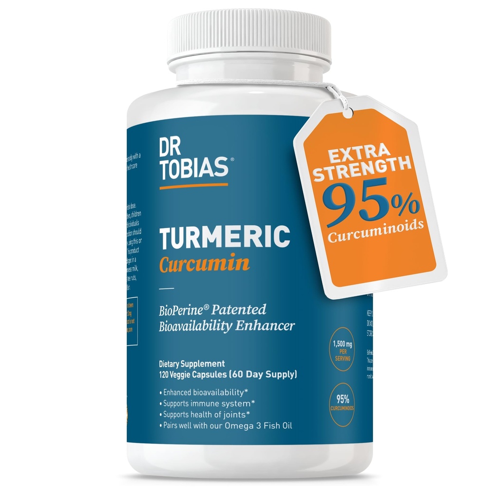 Dr. Tobias Turmeric Curcumin 1500 mg with BioPerine - Extra Strength Supplement with 95 Curcuminoids for Joint Support, General Vitality & Immune Health, 120 Vegan Capsules, Non-GMOMOMO