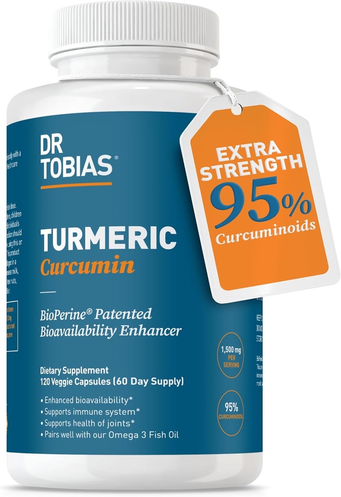 Dr. Tobias Turmeric Curcumin 1500mg με BioPerine – Επιπλέον συμπλήρωμα αντοχής με 95% Κουρκουμινοειδή για κοινή υποστήριξη, συνολική ζωτικότητα & ανοσοποιητική υγεία, 120 κάψουλες Vegan, μη ΓΤΟ