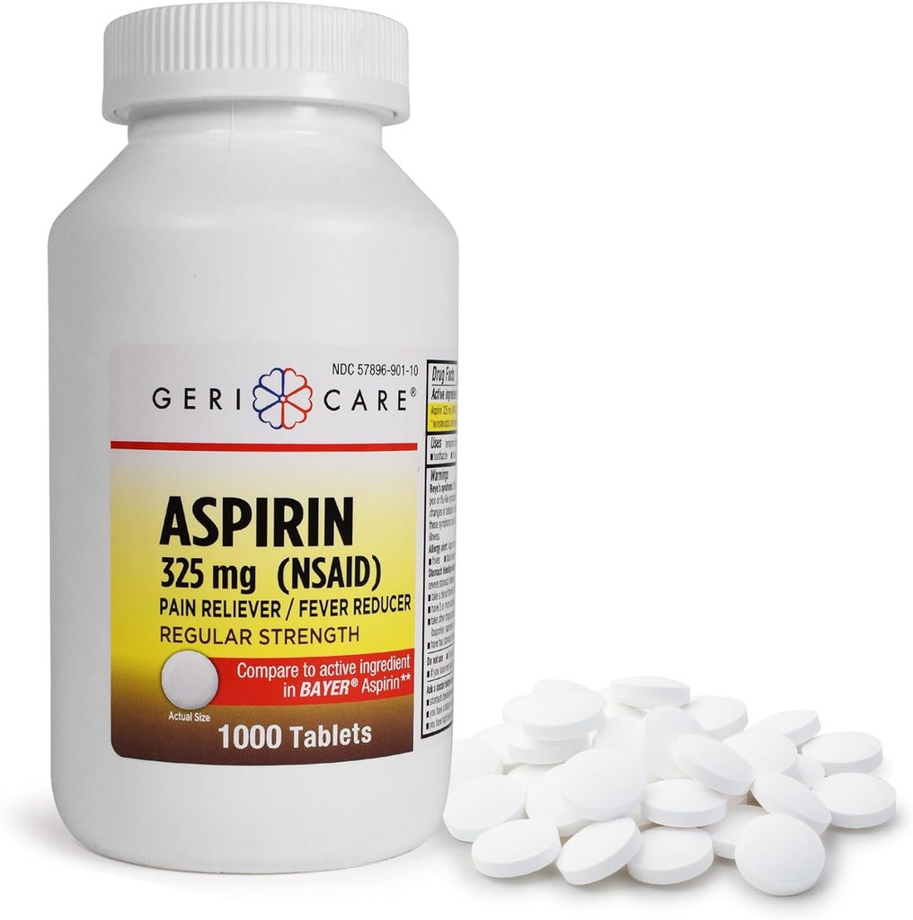 GeriCare aspirin Tabletleri 325 mg - Ağrı Reliever ve Ateş Tanımları Yetişkinler ve Çocuklar 12+ (NSAID) Büyük Başache, Toothache, Arthritis, Menstrual & Muscle Pain (Bottle of 1,000)