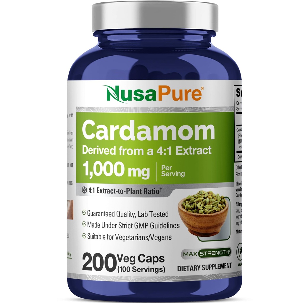 NusaPure Cardamom 4: 1 Extract, 1000 mg Ισοδύναμα με 4.000 mg 200 κάψουλες χορτοφάγων (Non-GMO, Vegan)