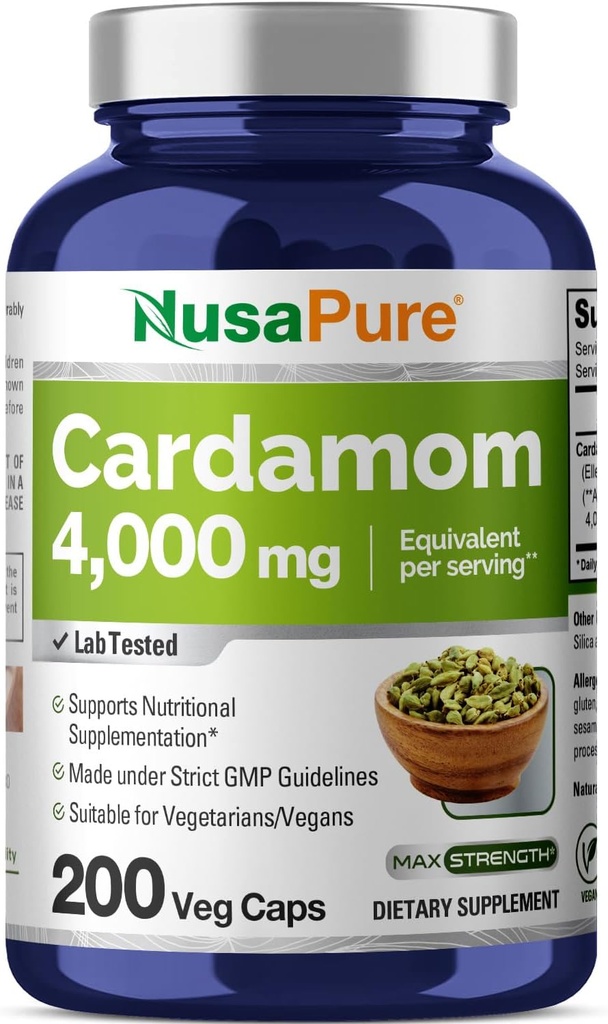 NusaPure Cardamom 4:1 Ekstraksiyon, 1000 mg 4.000 mg 200 Vegetarian Capsules (Non-GMO, Vegan)