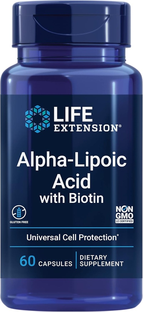 Life Extension Alfa-Lipoic Acid with Biotin, for Cell Protection, Universal antioksidan for Liver & Nerve Health, Gluten-Free, Non-GMO, 60 Capsules