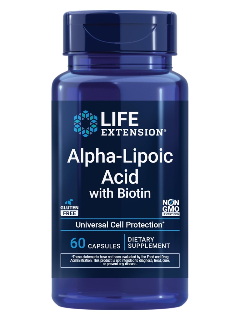 Life Extension Alfa-Lipoic Acid with Biotin, for Cell Protection, Universal antioksidan for Liver & Nerve Health, Gluten-Free, Non-GMO, 60 Capsules