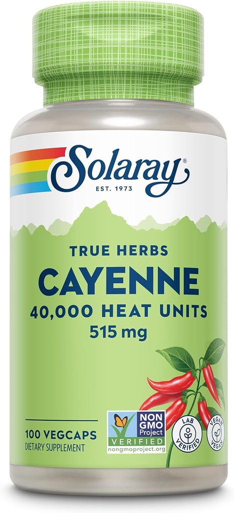 SOLARAY Cayenne Pepper Capsules with Capsaicin - Capsaicin Supplements for Powerful Wellness Support - 40,000 Heat Units per VegCap - Vegan, Non-GMO, Gluten-Free, 60-Day Guarantee, 100 Servings