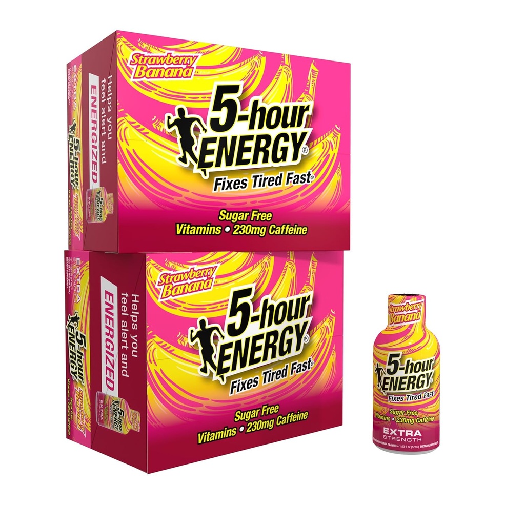 5- Saat ENERJİ Ekstra Güçlü Enerji Shot, Strawberry Banana Flavor (1.93 oz., 24 Kont) Sugar-Free & Zero Calories, B-Vitamins & Amino Asits, 230 mg Caffeinated Energy Shot, Diyetary Supplement