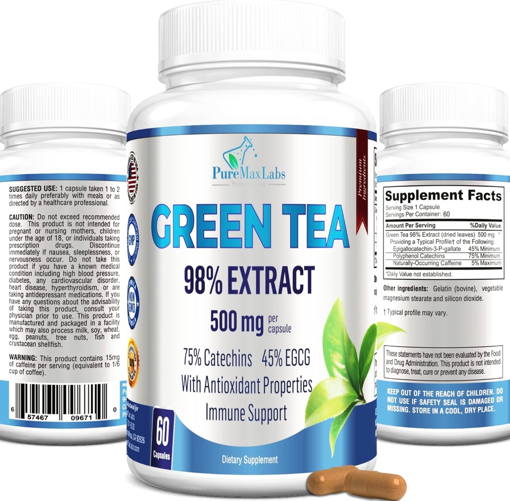 Yeşil Çay %98 - 3X Güçlü,% 75 Polyol Catechins,% 45 EGCG, Super Antioksi - 60 Capsules