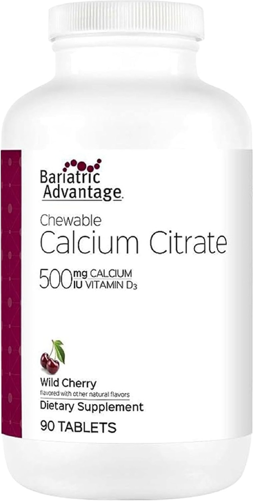Bariatrik Avantajı Bariatrik Cerrahi Hastaları için D3 Vitamini ile Mikroizalize edilebilir 500 mg Citrate Chewable 500 mg with Vitamin D3 for Bariatrik Cerrahi Hastaları Aluding Gastrik Bypass ve Kol Gaztrektomi, Low Sugar - Wild Cherry Flavor, 90 Count
