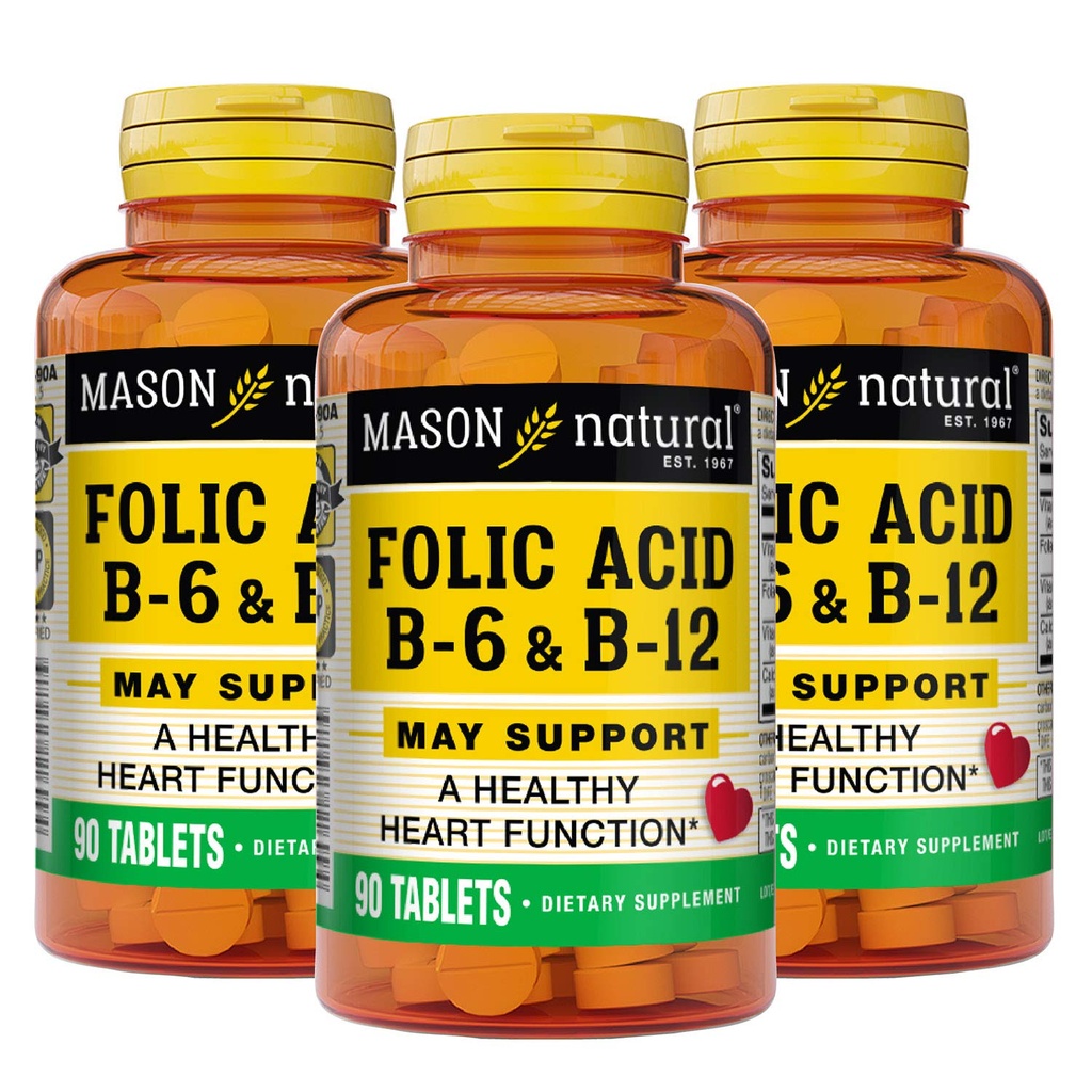 MASON NATURAL Heart Formula B6/ B12/Folic Acid δισκία, συμπλήρωμα διατροφής υποστηρίζει καρδιοαγγειακή υγεία, σχηματισμός ερυθρών αιμοσφαιρίων, μεταβολική λειτουργία, 90 κόμης (πακέτο των 3)