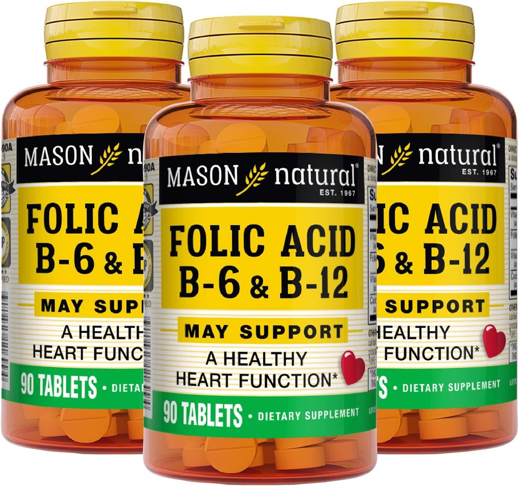 MASON NATURAL Kalp Formula B6/B12/Folic Asit Tabletleri, Diyetsel Tamam Destekler Kartiovasküler Sağlık, Red Blood Hücre Formasyon, Metabolik Fonksiyonlar, 90 Kont (Pazarlama 3)