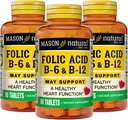 MASON NATURAL Kalp Formula B6/B12/Folic Asit Tabletleri, Diyetsel Tamam Destekler Kartiovasküler Sağlık, Red Blood Hücre Formasyon, Metabolik Fonksiyonlar, 90 Kont (Pazarlama 3)