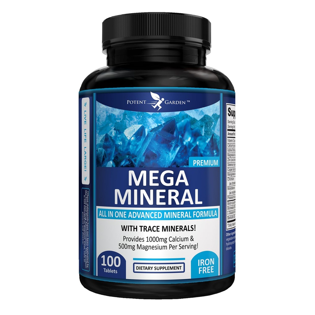 Potent Garden Mega Mineral Tamamla Mineral Kompleksi Çelik Magnezyum Pyum Boron Selenium Chromium & 72 Trace Minerals Iron Freeuba Supplement -100 Pills