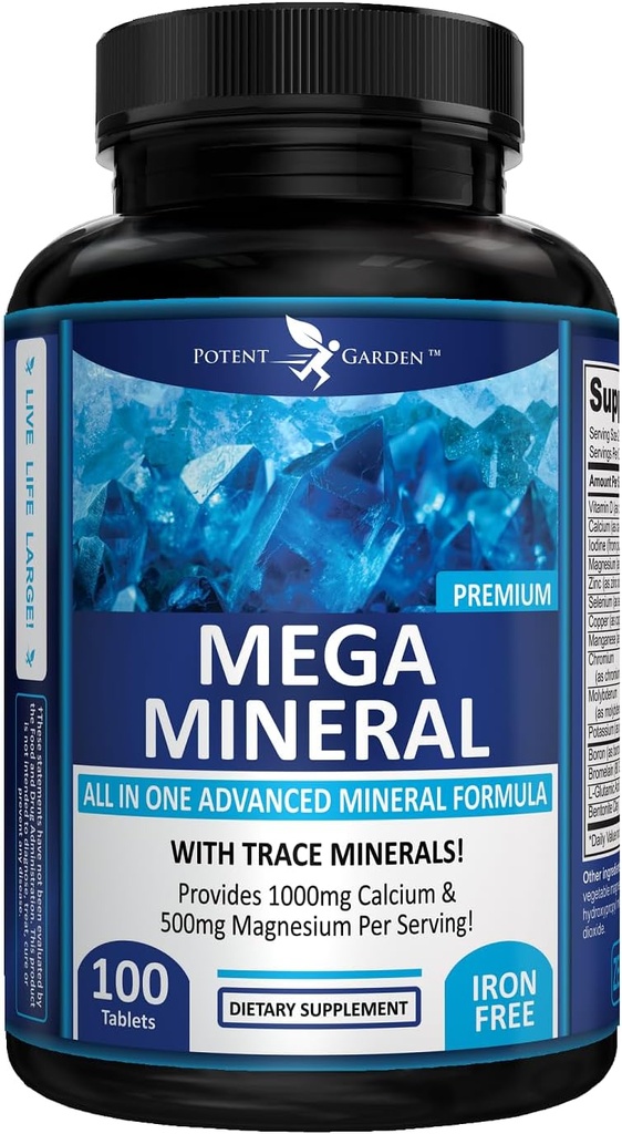 Potent Garden Mega Mineral Tamamla Mineral Kompleksi Çelik Magnezyum Pyum Boron Selenium Chromium & 72 Trace Minerals Iron Freeuba Supplement -100 Pills