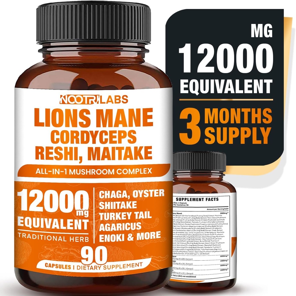 Mushroom Complex 12000mg Capsules - Lions Mane, Cordyceps, Reshi, Maitake - Nootropics Brain, Boosts Memory, Energy, Cognitive Function & Improves Focus, Immune System, Antioxidant - 90 Vegan Capsules