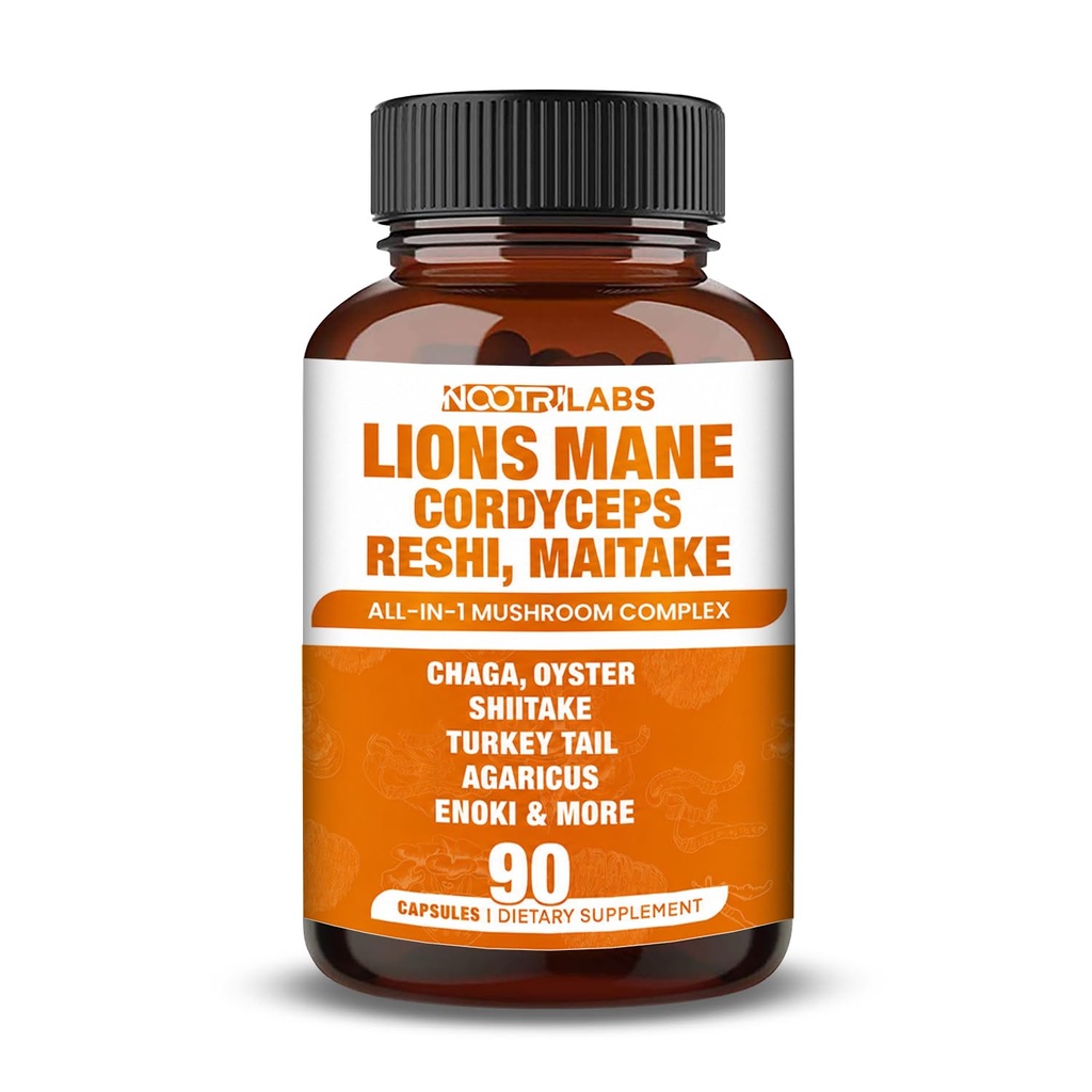 Mushroom Kompleksi 12000 mg Capsules - Lions Mane, Cordyceps, Reshi, Maitake - Nootropics Brain, Boosts Memory, Energy, Cognitive Function & improves Focus, Immune System, Antioxy - 90 Vegan Capsules