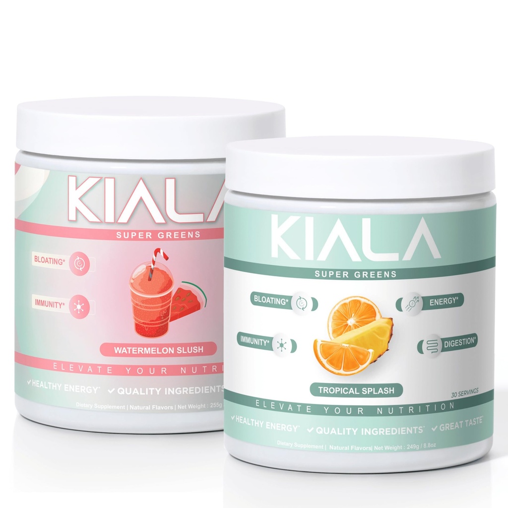 Kiala Beslenme Süper Yeşiller, Organik Yeşiller Toz, Spirulina & Chlorella Superfood Toz, Sugar & Gluten Free Vegan, Spectra Blend, Watermelon & Tropikal Slush 2 Packella