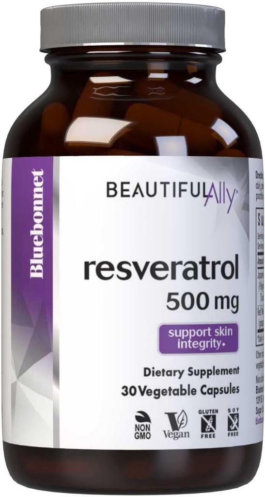 Bluebonnet Nutrition Beautiful Ally Resveratrol 500mg, Protect Skin Integrity*, Non-GMO, Vegan, Gluten-Free, Soy-Free, Dairy-Free, 30 Vegetable Capsules, 30 Servings
