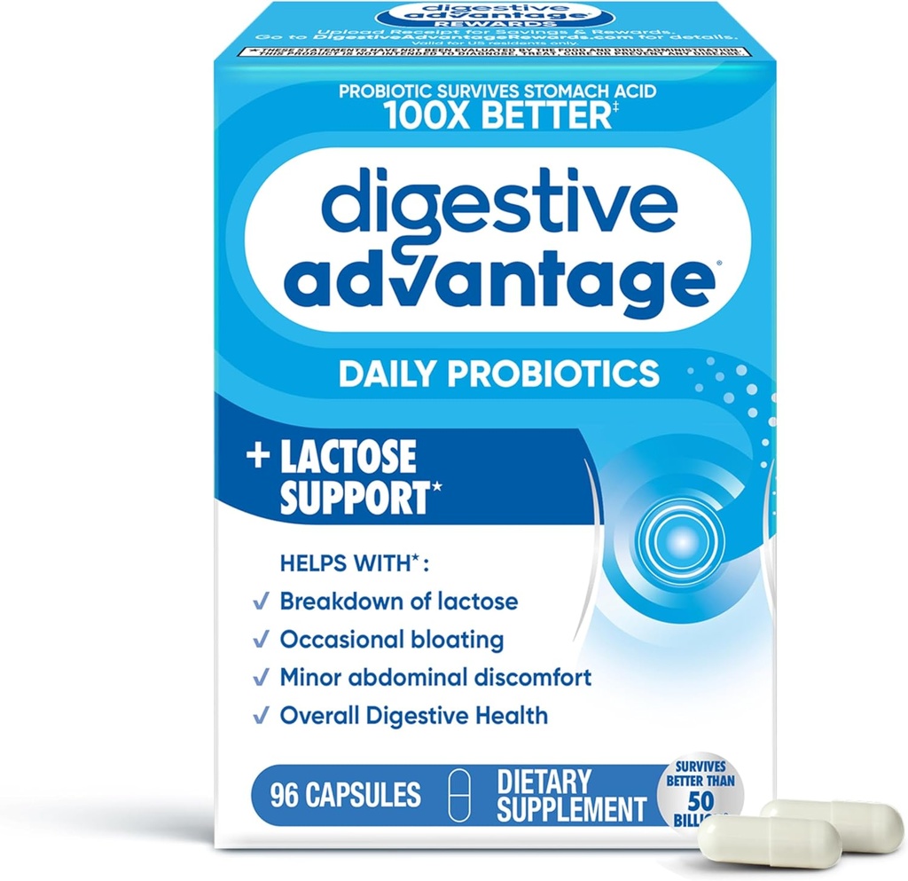Digestive Advantage Lactose Defense Capsules (96 Count In A Box), Helps Breaks Down Lactose and Defend Against Digestive Upset, Supports Digestive and Immune Health, CFUs