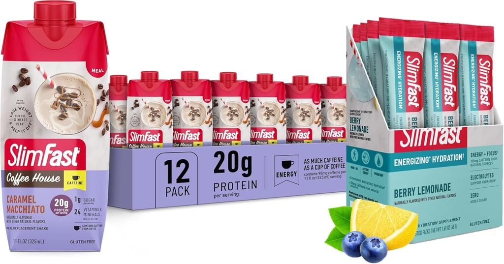 SlimFast Bundle: Διαλείπουσα Fasting Electrolytes, Energy Powder Drink Mix, Καφεΐνη από Φυσικές Πηγές - Berry Lemonade (12 Count) + Υψηλής πρωτεΐνης αντικατάσταση γεύματος Shake, Caramel Macchiato, 12 Pack