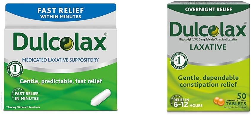 Dulcolax Fast Relief Medicated Laxative Suppositories Fast Relief, Rectal Use Only, Bisacodyl, 10 mg & Overnight Relief Laxative for Gentle Constipation Relief, Bisac Countl 5 mg Tabletleri, 50