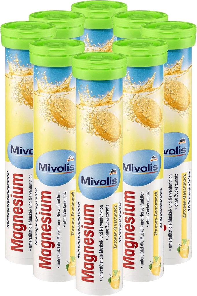 Mivolis Magnezyum effervescent Tabletler - Diyet Supplements 8 Tubes x 20 adet | Almanya