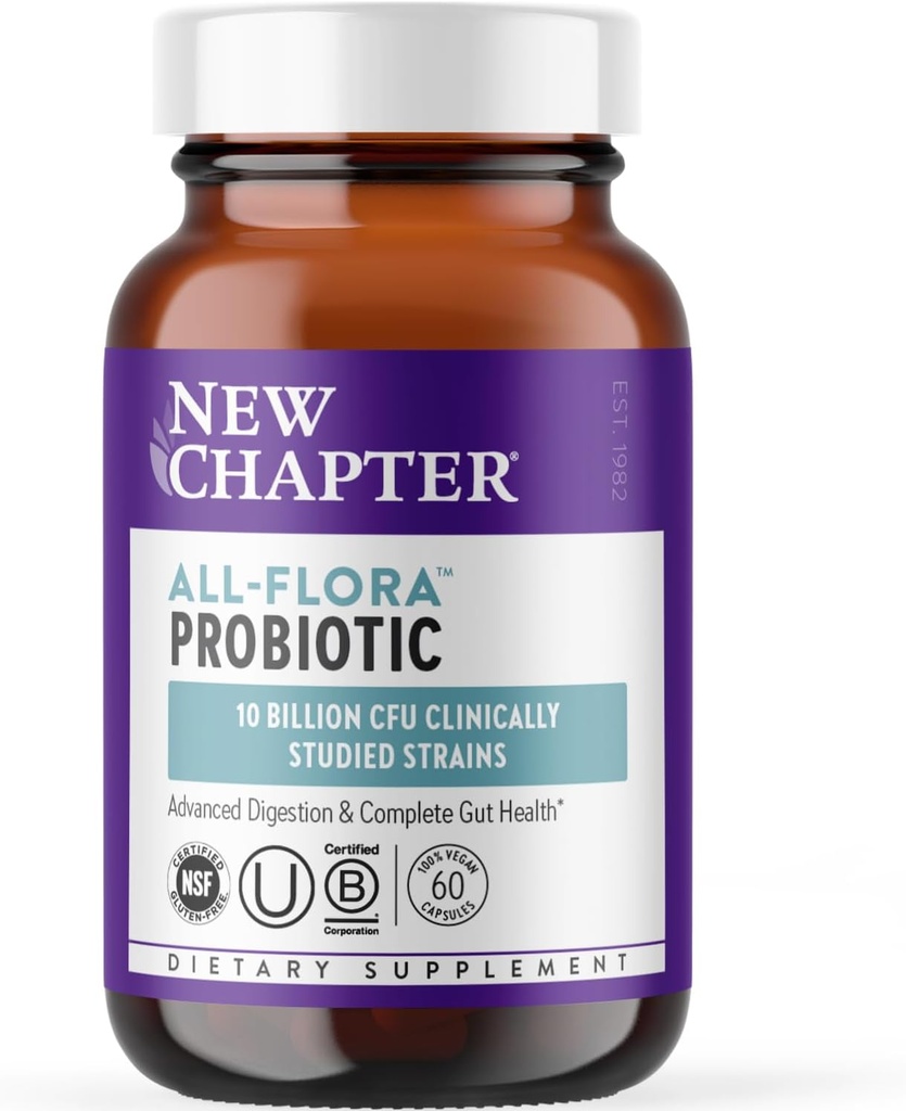 New Chapter Probiotic All-Flora - 60 ct (2 Month Supply) for Advanced Digestion & Complete Gut Health with Prebiotics + Postbiotics, Clinically Studied Strains, 100% Vegan, Non-GMO, Shelf Stable