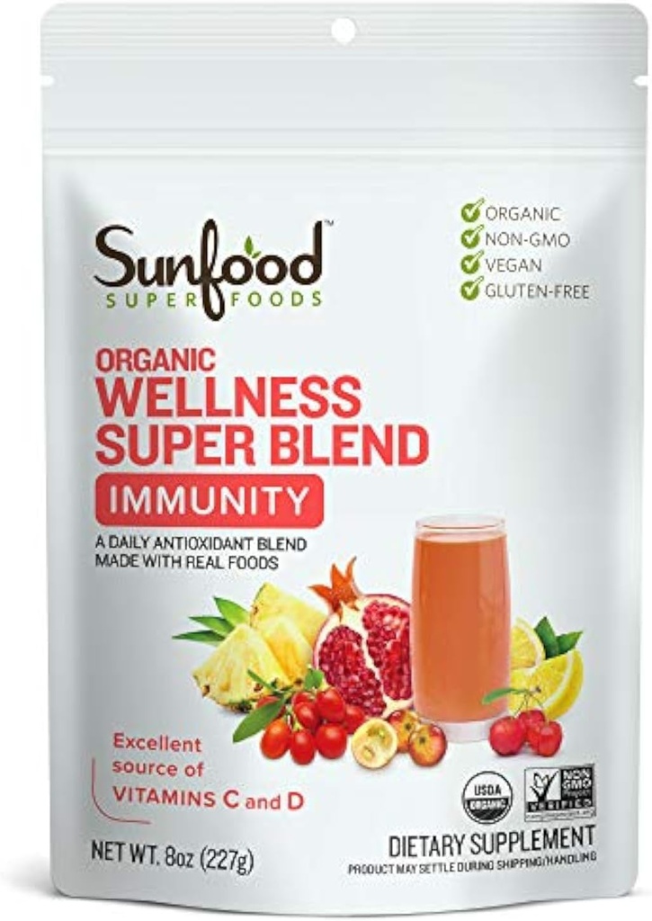 Sunfood Superfoods Organik Super Wellness - Immune Support Toz, Antioksi Superfood Kadınlar ve Erkekler için Mix /Vitamin C & D, Doğal Enerji, USDA Organik - 8 oz Bag