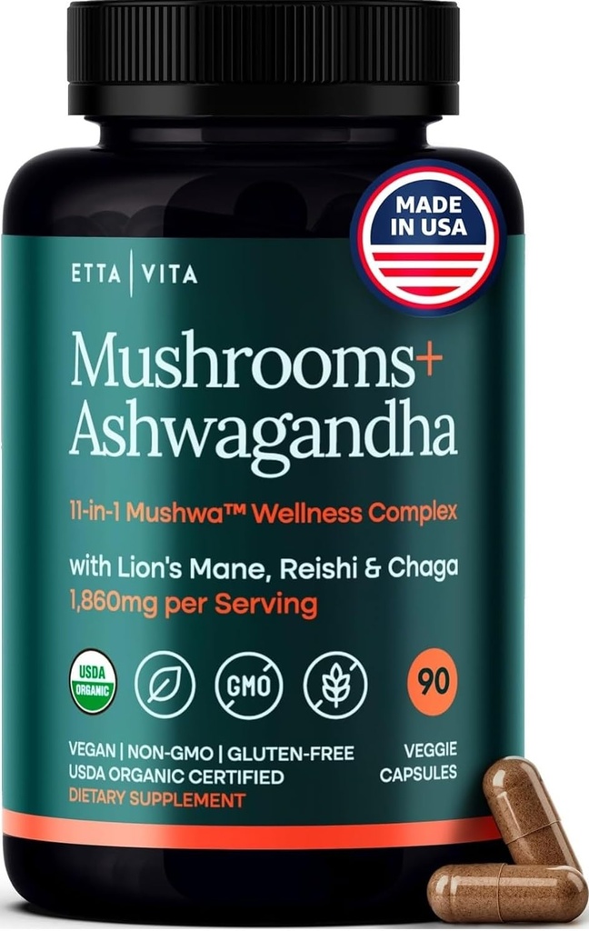 USDA Organik Lions Mane Supplement Capsules with Ashwagandha, Chaga, Reishi, Cordyceps, Türkiye Tail (18,600 mg/serv) 10x Adaptojenik Mushroom Kompleksi Focus Supplement - Energy, Immunity & Nootropic