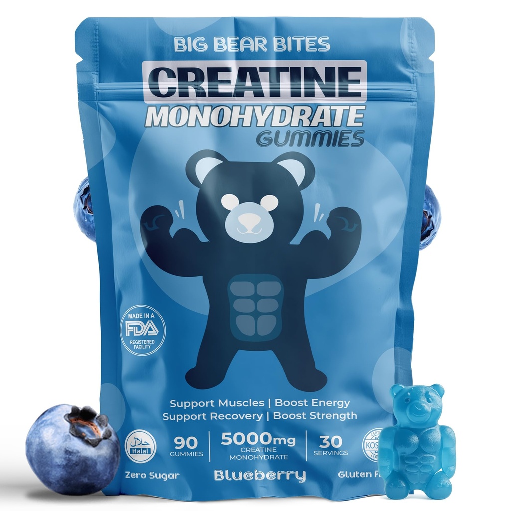 Erkekler ve Kadınlar için Kretine Monohidrat Gummies | Servis başına 5000 mg | Şeker, Gluten Free & Halal | Pre Workout & Muscle Recovery | Blueberry Flavor