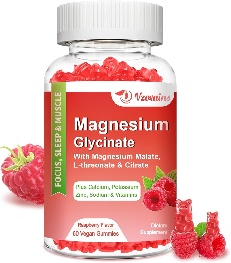 Magnezyum Glycinate Gummies 600 mg, Yetişkinler ve Çocuklar için Magnezyum Gummies, Rahatlama ve Kas için Destek, 60 Raspberry Flavored Gummies