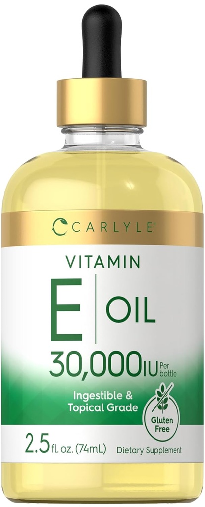 Carlyle Vitamin E Oil | 30.000 IU | 2.5 fl oz | Ingestible & Topical Grade | Moisturing for Skin | Vegetarian, Non-GMO, Gluten Free Supplement Supplement