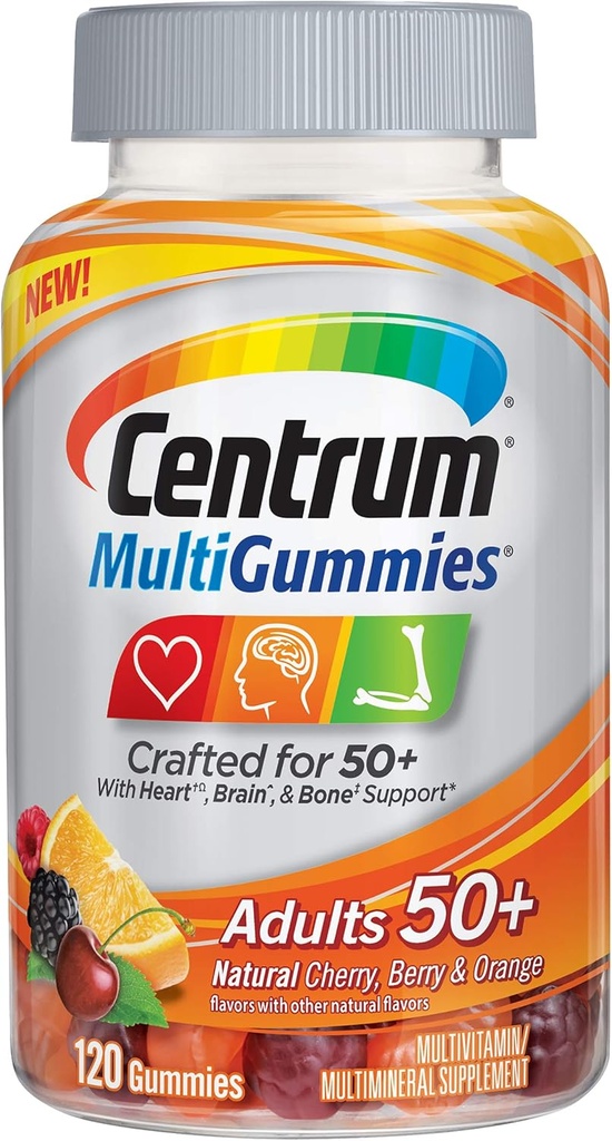 Centrum MultiGummies Yetişkinler (120 Kont, Natural Cherry, Berry, Orange Flavor) Multivitamin/Multimineral Supplement Gummies, Vitamins B12, D, E, Yaş 50+