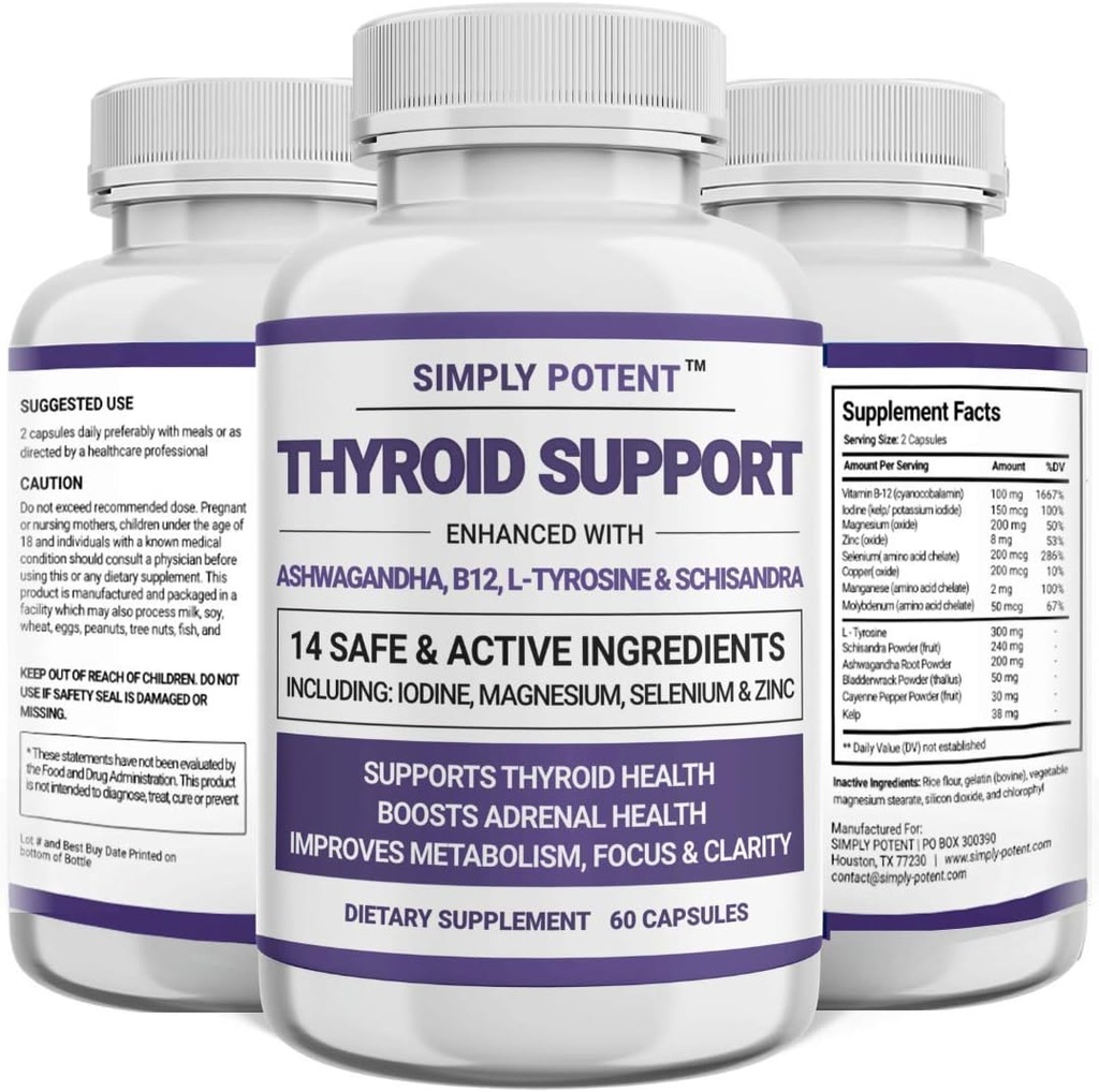 Basitçe Potent Yourroid Support & Adrenal Support Supplement 2in-1 Natural Formula with Iodine & Ashwagandha for Energy, Metabolism, Focus for Women & Men, 60 Caps