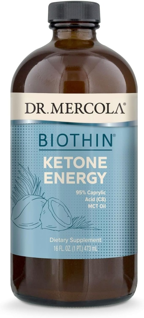 Dr. Mercola Biothin Ketone Energy MCT Oil - Supports Energy & Ketone Production - C8 & C10 Medium-Chain Triglycerides - Non-GMO, Gluten-Free & Soy-Free - 31 Servisler (16 Fl Oz)