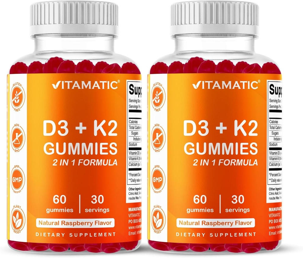 Vitamatic Vitamin D3 & K2 Gummies (2-Pack, 60 Count) Υποστηρίζει υγιή οστά, την υγεία της καρδιάς, την απορρόφηση ασβεστίου, και ανοσοποιητική λειτουργία Plant-based, μη-GMO, χωρίς γλουτένη