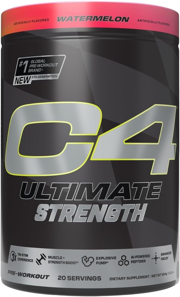 Hücre C4 Ultimate Strength Pre Workout Toz - Tri-Stim Deneyimi 300 mg Caffeine+TeaCrine+Dynamin - Kretine & Beta-Alanine - Energy Supplement for Men & Women - Watermelon, 20 Servisler