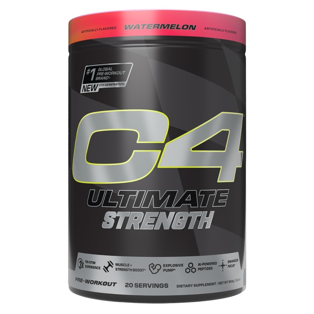 Hücre C4 Ultimate Strength Pre Workout Toz - Tri-Stim Deneyimi 300 mg Caffeine+TeaCrine+Dynamin - Kretine & Beta-Alanine - Energy Supplement for Men & Women - Watermelon, 20 Servisler