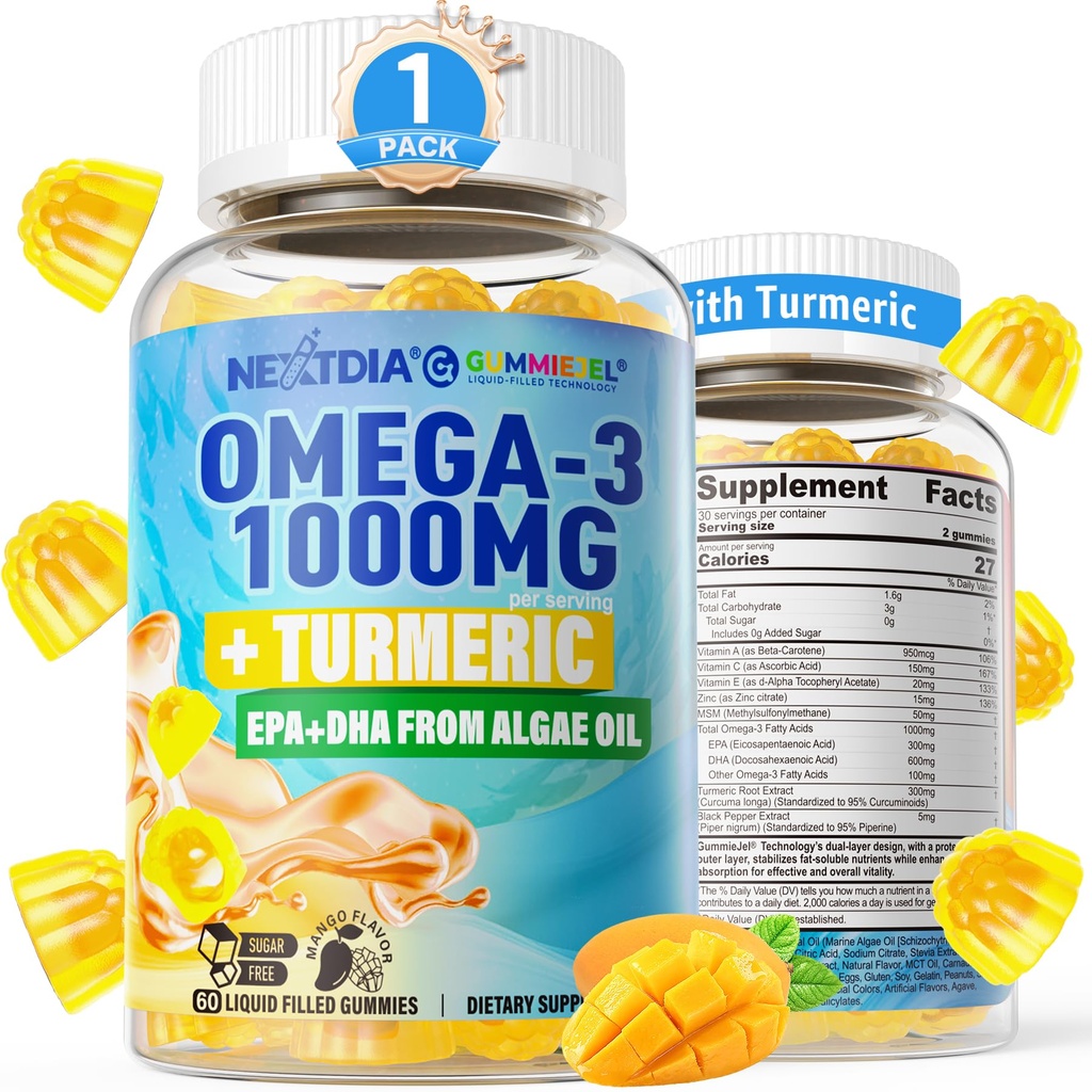 Vegan Omega-3 Gummies 1000 mg + Turmeric - Omega 3 Fish Oil Alternative for Yetişkinler - Algae DHA 600 mg & EPA 300 mg, Vitamins A, C, E, çinko & MSM, Sugar Free, 60 Cts
